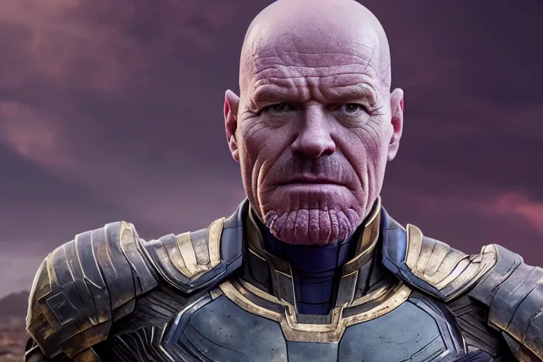 Image similar to promotional image of bald Bryan Cranston as Thanos in Avengers: Endgame (2019), purple skin color, movie still frame, promotional image, imax 70 mm footage