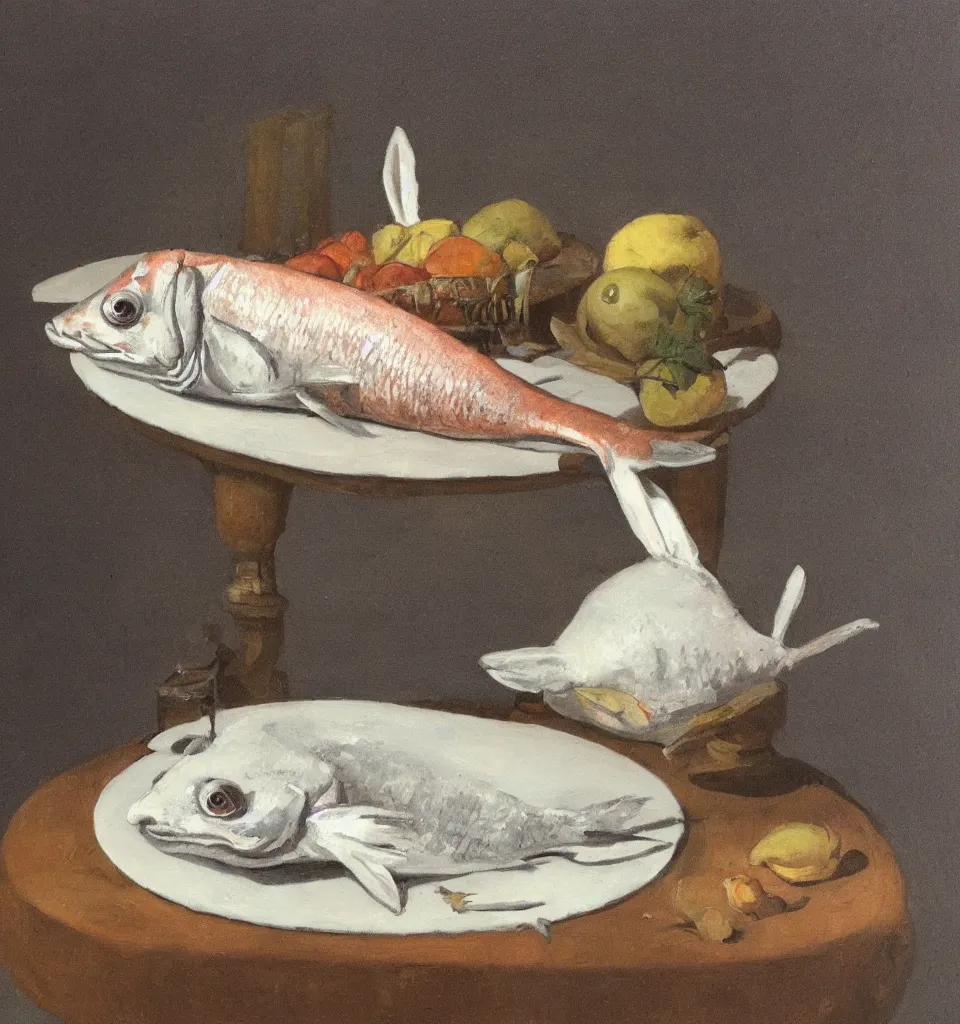 Prompt: still life painting of a fish rabbit on a white table