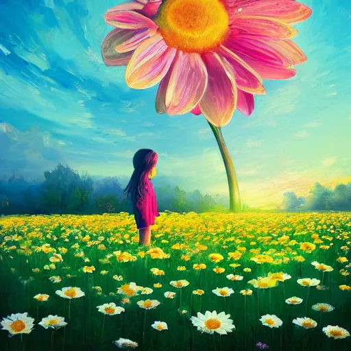 Image similar to giant daisy flower head, girl sitting in a flower field, surreal photography, sunrise, dramatic light, impressionist painting, colorful clouds, digital painting, artstation, simon stalenhag