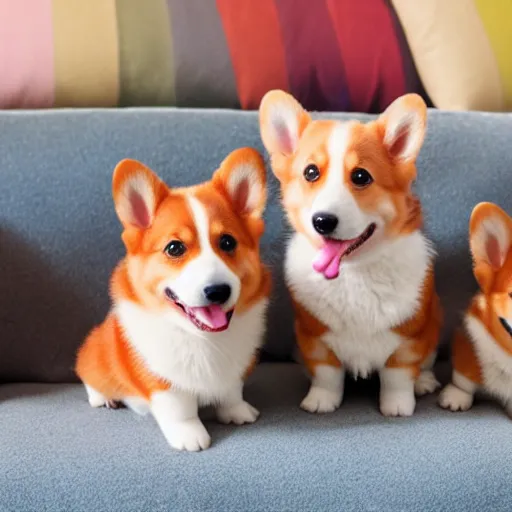 Image similar to 8k highly detailed photograph of the most adorable Corgi Puppies wearing a rainbow bandana, posing on my couch, golden hour,