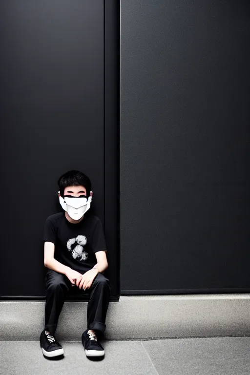 Image similar to boy with tomodachi mask sittin alone near black door. octopus, photorealistic, smooth, 4 k, aesthetic lighting, baroque object, hyperdetailed, professional photography, pullitzer winning, photo by : canon eos 5 d mark iv, by karah mew and adnan abidi