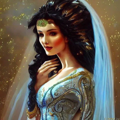 Prompt: a beautiful arabian woman wearing a wedding dress by karol bak, ayami kojima, artgerm, arabian beauty, blue eyes, smile, concept art, fantasy