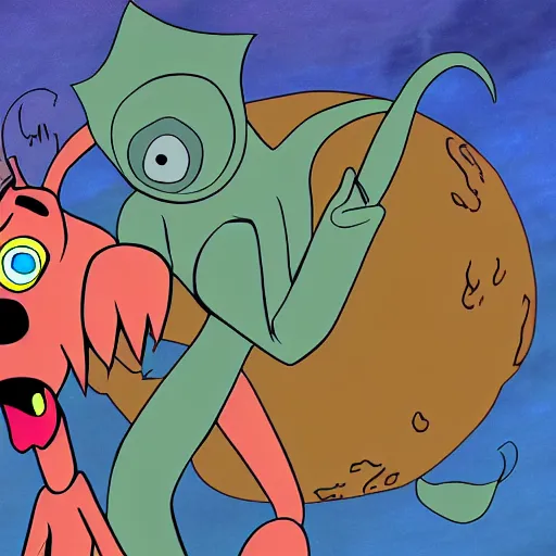 Image similar to Courage the cowardly dog in the style of fantastic planet animation