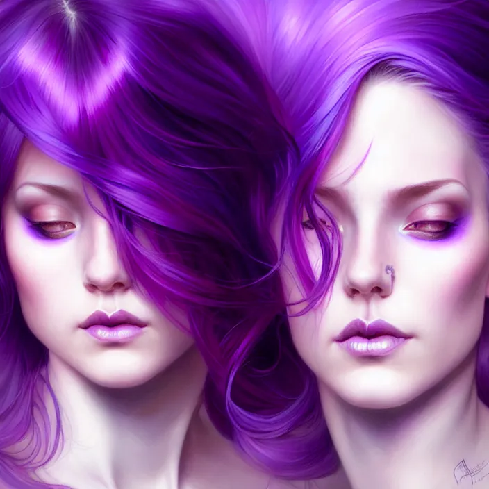 Image similar to Purple hair relistic Portrait of a two woman with bright colored flying hair, all shades of purple. Beauty face, Hair coloring, fantasy, intricate, elegant, highly detailed, digital painting, artstation, concept art, smooth, sharp focus, illustration, art by artgerm and greg rutkowski and alphonse mucha