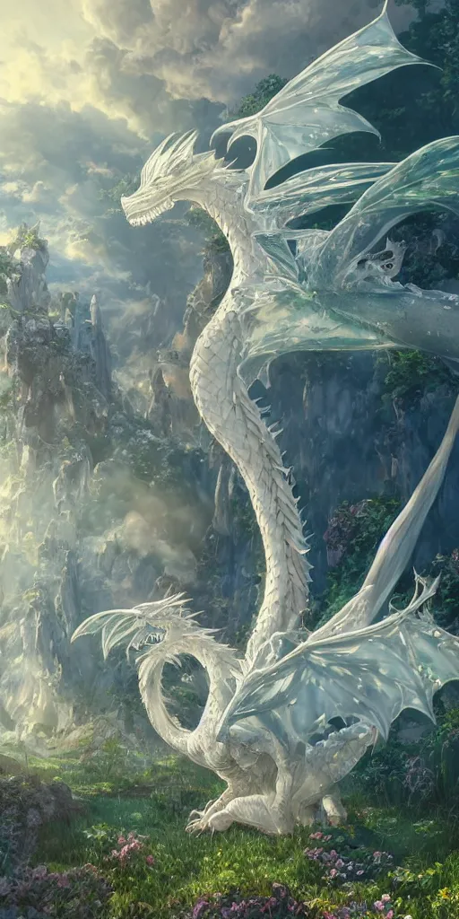 Image similar to the beautiful hyper detailed scene render that a beautiful girl lies in the arms of a huge silver white dragon alone in the fairyland surrounded by white clouds, finely detailed angelic face delicate features, style of studio ghibli, makoto shinkai, raphael lacoste, louis comfort tiffany, artgerm, james jean, ross tran, animation style, hd, ultra wide angle