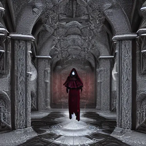 Image similar to A woman dressed in necromancer's robes investigating what lies beyond life. Highly detailed 3d fractal, volumetric lighting, sharp focus, ultra-detailed, hyperrealistic, complex, intricate, 3-point perspective, hyper detailed, unreal engine 5, IMAX quality, cinematic, finely detailed, small details, extra detail, symmetrical, high resolution, rendered 3D model, octane render, arnold render, PBR, path tracing, 8k, 4k, HD, hi-res, award-winning, awe-inspiring, ground-breaking, masterpiece , artgem, Dark Fantasy mixed with Socialist Realism, saturated colours