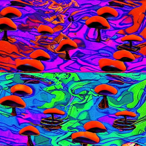 Image similar to colorful 3 d autostereogram illusion puzzle with psychedelic mushrooms dancing among a tie dye desert of peyote