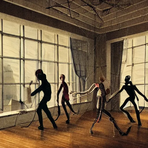 Image similar to group of cyborgs dancing in a 1 8 th century room in the sky, in different depth, one cyborg eating snacks close to camera, large windows, modern city outside of big windows, daytime, happy, cables everywhere, cables on walls, detailed, wooden parquet, old furniture, childrens book illustration