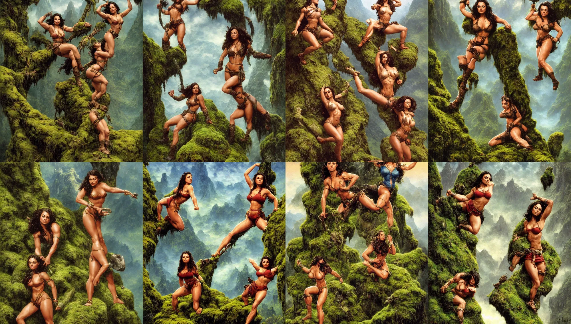 Prompt: mila kunis as muscled amazon posing on a large mossy rock, beautiful epic vista, flowing hills, frank frazetta, alex horley, ralph horsley, michael whelan