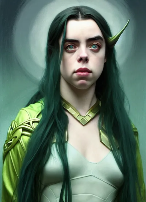 Image similar to Billie Eilish as Female Loki, very detailed, digital art, trending on artstation, concept art, smooth, illustration, art by artgerm and greg rutkowski and alphonse mucha and J. C. Leyendecker and Edmund Blair Leighton and Katsuhiro Otomo and Geof Darrow and Phil hale and Ashley wood