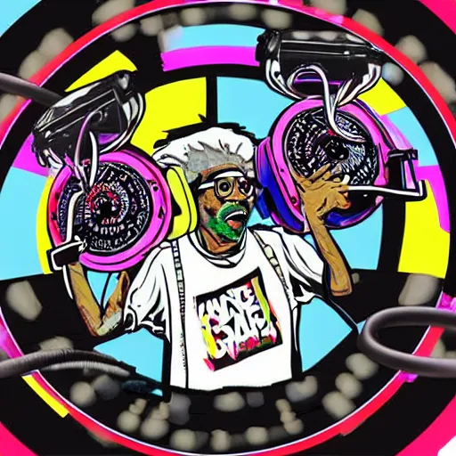 Image similar to svg sticker of a Dancing-Ben-Harper-Snoop-Spike-Lee-with-a-large-Afro-Puff, at a rave, spinning records, giant headphones rocking out, wearing headphones, huge speakers, dancing, rave, DJ, spinning records, digital art, amazing composition, rule-of-thirds, award-winning, trending on artstation, featured on deviantart