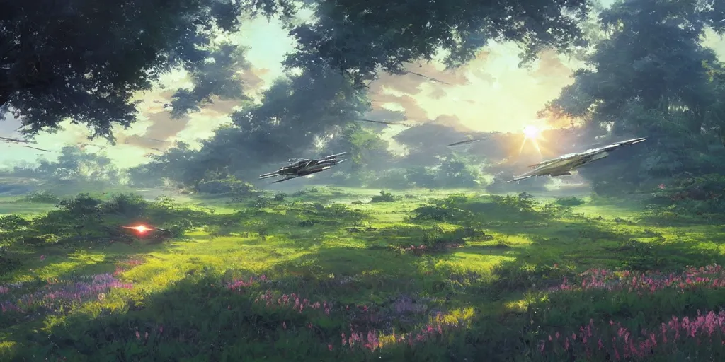 Image similar to an extraordinarily beautiful oil painting of an x - wing fighter in a landscape in spring during sunrise ; lush vegetation ; the most beautiful painting in the world ; by makoto shinkai and craig mullins