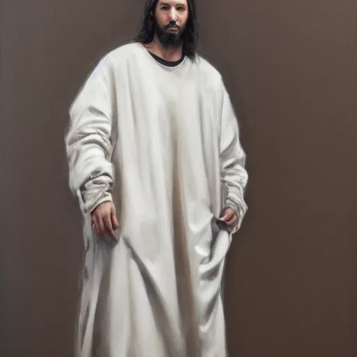 Image similar to a full body lookbook portrait of modern - day jesus wearing cream yeezy and fear of god menswear collection by nicola samori, detailed, oil painting, hyper - realistic, 8 k, yeezy collection