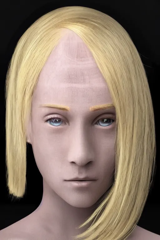 Image similar to robot with human face, female head, full body angle, woman human face, human face realistic, beautiful blonde hair, human head, human head with blonde hair, blonde hair human head, blonde hair, human realistic face, human head skin, cyborg frame concept, cyborg by ales-kotnik, sci-fi android female, the body is made of wires, robotic body, cyborg body, cyborg bust body, robot body cyborg, full body