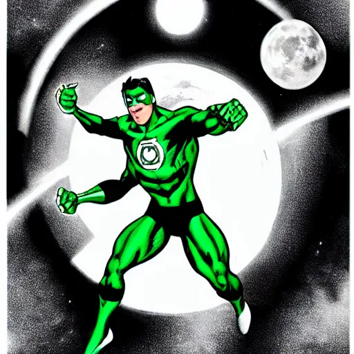 Prompt: Green Lantern in black and white uniform flying in-front of the moon, dramatic, dark, DC comic style