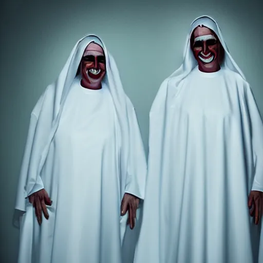 Prompt: award winning photo Floating twin nuns wearing translucent habits Very long arms, smiling, in a sanctuary, eerie, frightening, glowing eyes —width 1024 —height 1024