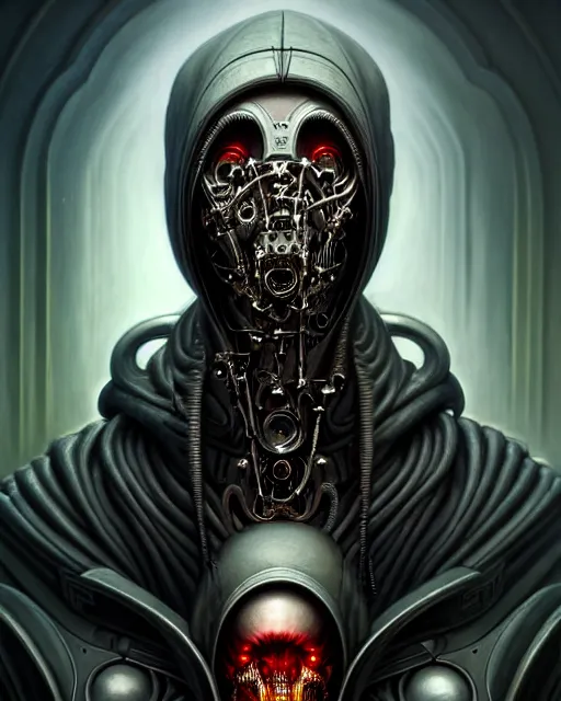 Image similar to front shot of a cyberpunk hooded dead biomechanical demon mastermind character, intricate, elegant, highly detailed, centered, (((artstation, concept art, smooth, sharp focus, artgerm, Tomasz Alen Kopera, Peter Mohrbacher, donato giancola, Joseph Christian Leyendecker, WLOP, Boris Vallejo))), mugshot!!!!!, ugly!!!!!!, octane render, nvidia raytracing demo, grainy, muted