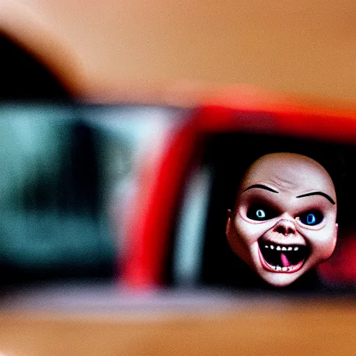 Prompt: a tiny screaming chucky doll chasing you in rear view mirror