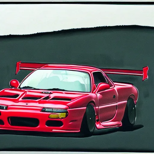 Image similar to pen ink drawing black red 1999 FD RX-7 front side view dynamic racing motion blur Shuichi Shigeno and Michiharu Kusunoki