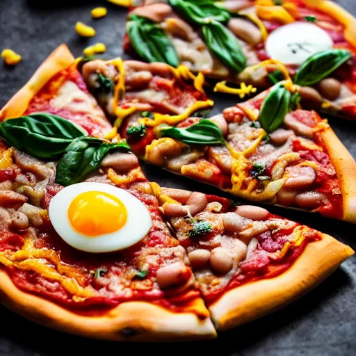 Image similar to pizza with beans and raw egg yolk, food photography