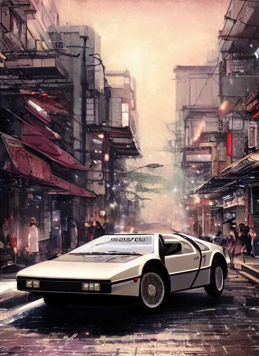 Prompt: 1 9 2 2 delorean in a japanese city, 4 k, greg rutkowski, highly detailed, retrofuturistic, artstation