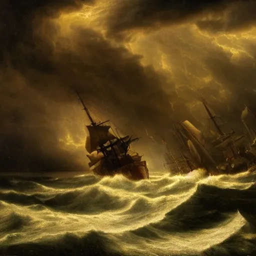 Prompt: noah's ark, massive wooden boat, no sails, among very high seas, massive waves, storm, dark, epic clouds, apocalyptic, dramatic lighting, john martin, michael bay, disaster,