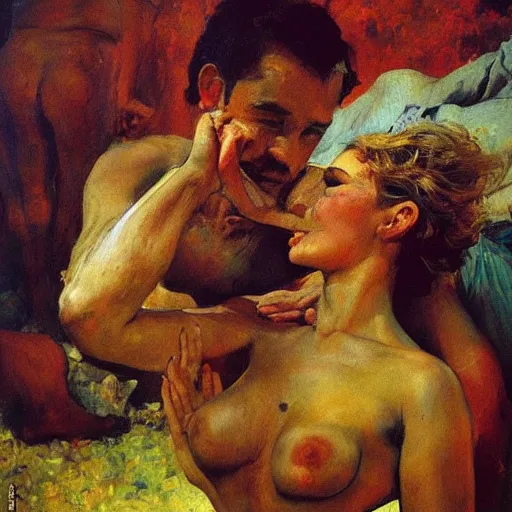 Prompt: Celebrating an illegal marriage, high visual contrast, vintage shading, photorealistic oil painting, warm colors, by Ilya Repin Lucien Clergue Artgerm, trending