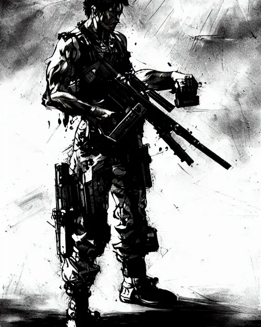 Image similar to a soldier wielding a machine gun, concept art, artstation, trending, highly detailed, smooth, focus, art by yoji shinkawa