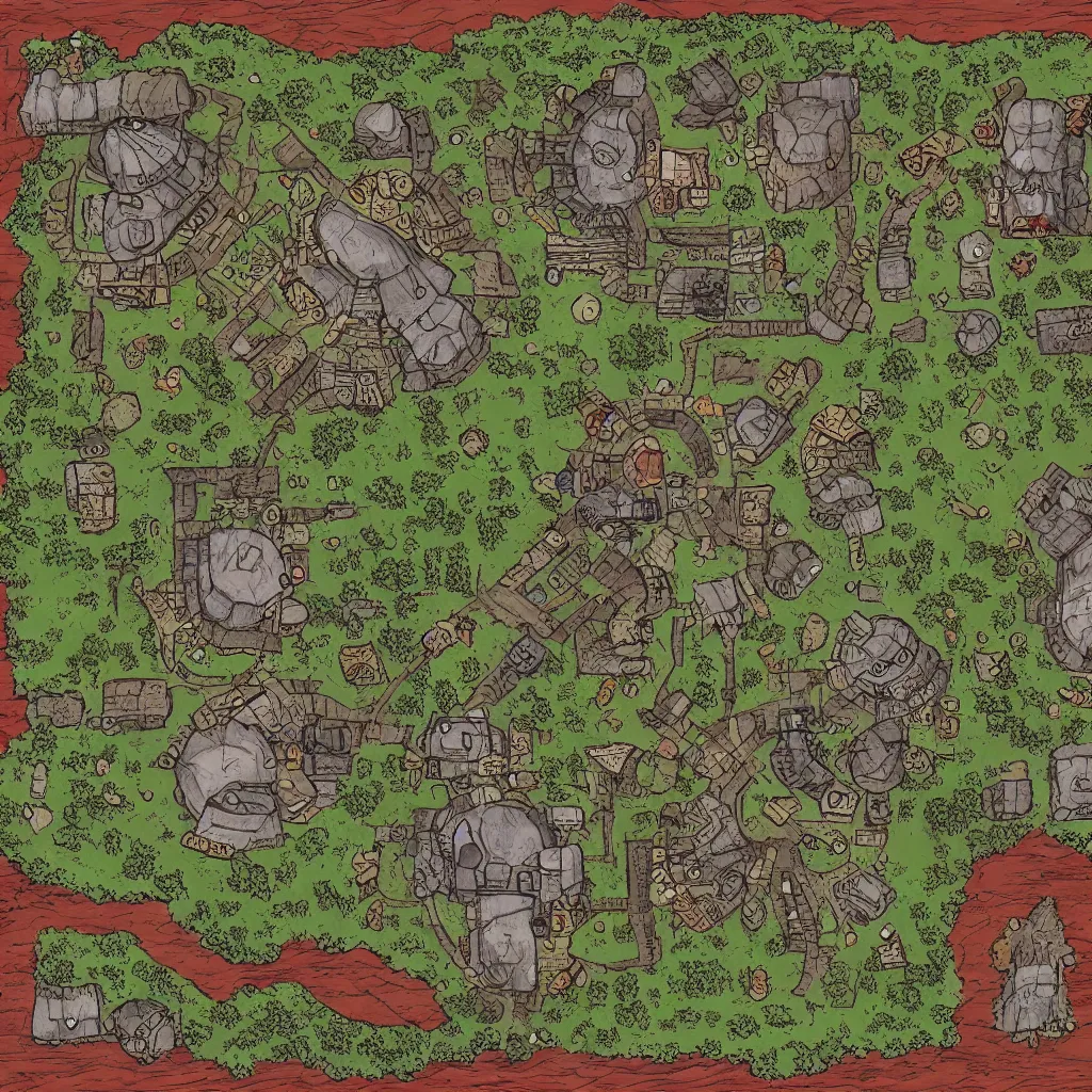 Image similar to bandit camp layout, art by allixander maps, acrylic drawing, fantasy, world, bright, clear, simple, sharpened