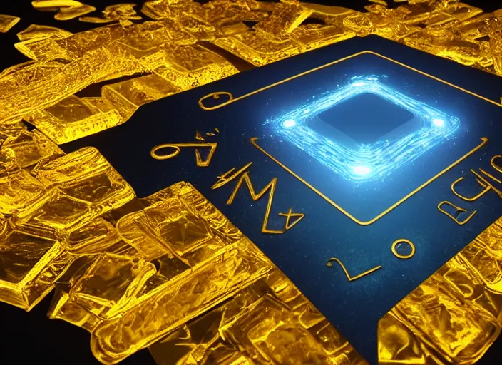 Image similar to square magic golden computer chip with runes and a glowing blue crystal in the center, mana flowing around it, product photo, hyperrealism, octane render, trending on artstation, unreal engine 5, 4 k, 8 k