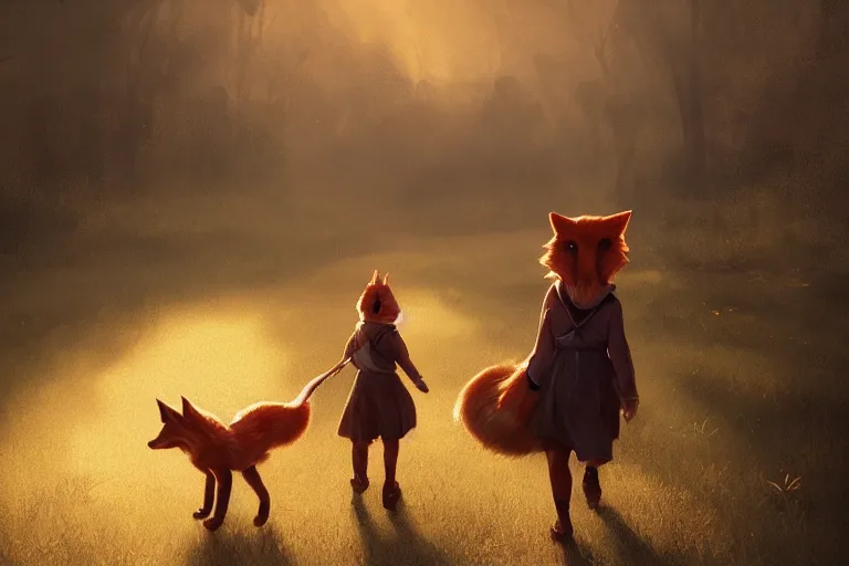 Image similar to a young girl walking to school with her pet fox, matte painting in the style of Greg Rutkowski, early morning light, sunrise, golden hour, trending on artstation