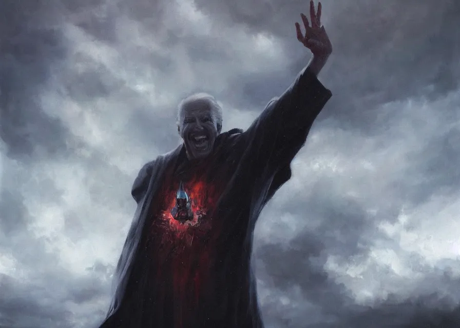 Image similar to abstract painting of giant Joe Biden grinning evil emperor of the world emerging in dark clouds, Sidious, noxious, cosmic horror, evil, dangerous, trending on ArtStation, masterpiece, by Greg Rutkowski, by Ross Tran, by Fenghua Zhong, octane, lightbeam eyes, soft render, clear facial features, oil on canvas, immense endless crowd, moody lighting, cinematic, professional environment concept art