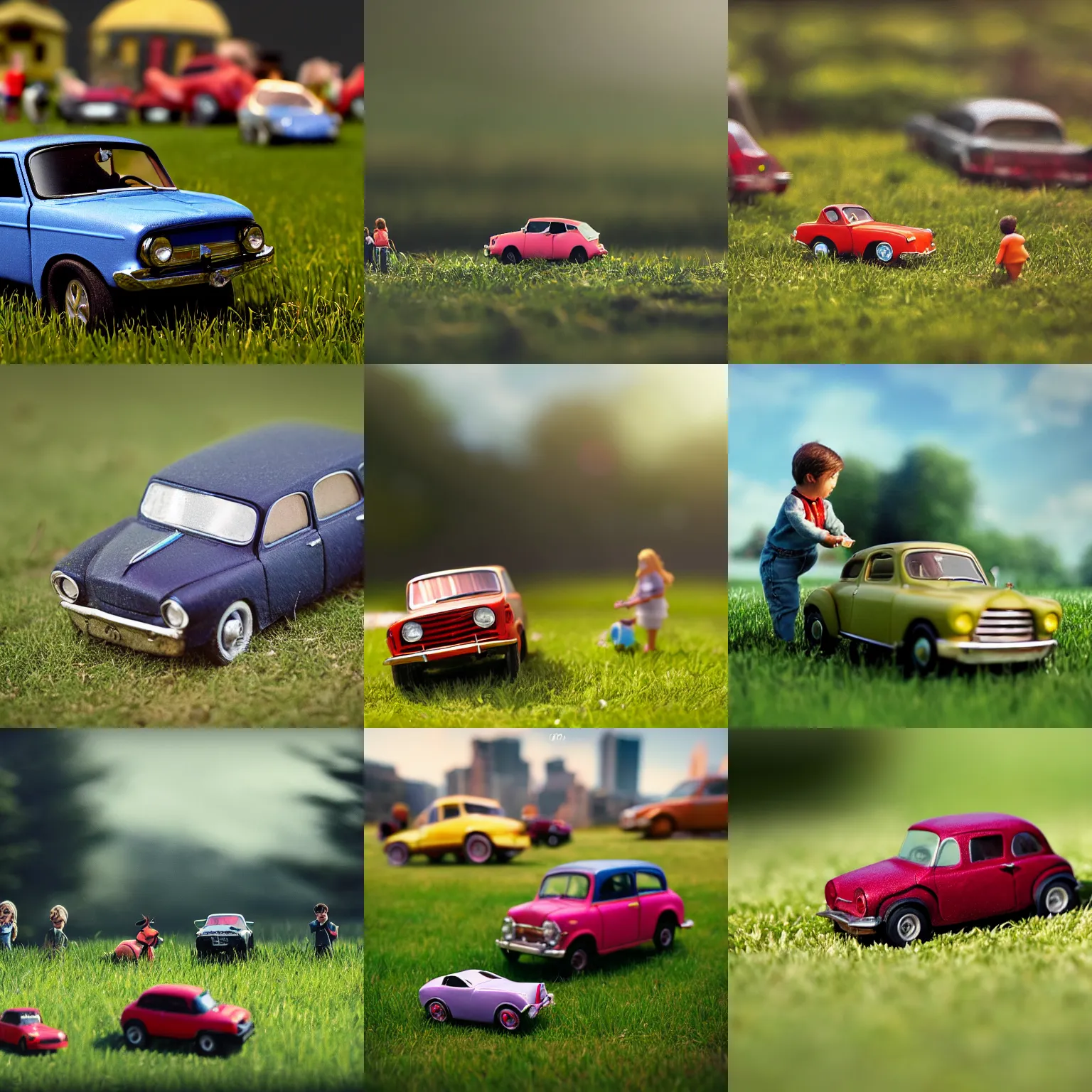 Prompt: miniature crowd, in front of toy car, on a grass field, matte painting, smooth, sharp focus, highly detailed, trending on artstation