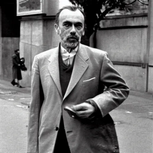 Prompt: louis ferdinand celine walking in courbevoie 1 9 6 1