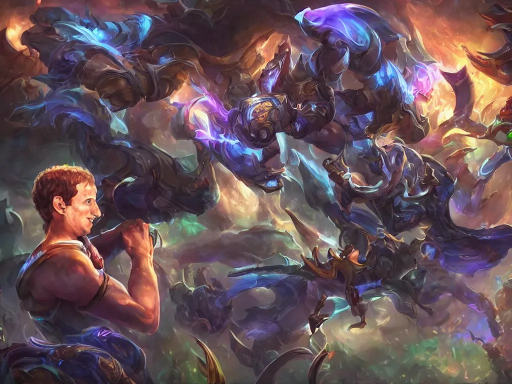 Image similar to mark zuckerberg as a character in the game league of legends, art by jessica oyhenart