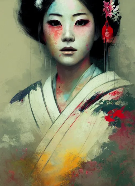 Prompt: female geisha girl, beautiful face, colourful, rule of thirds, intricate outfit, spotlight, by greg rutkowski, by jeremy mann, digital painting