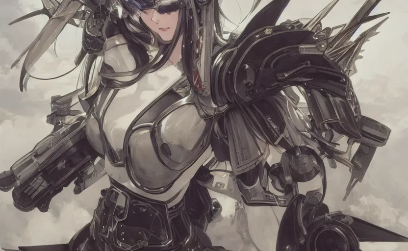 Image similar to mechanized valkyrie, anime style, konami concept art, vintage clothing, spread wings, twintails hair, hair down, symmetrical facial features, from arknights, hyper realistic, 4 k, rule of thirds, extreme detail, detailed drawing, trending artstation, hd, d & d, realistic lighting, by alphonse mucha, greg rutkowski