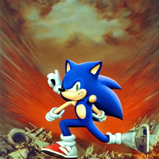 Image similar to hyper realistic Sonic the Hedgehog commit war crimes in Yugoslavia in 1998, military chronicle, realistic, in style of Francisco Goya , dark art, ray tracing, smooth