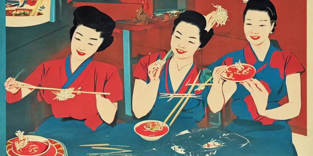 Prompt: 2 beautiful women holding chopsticks and eating a bowl of ramen, 1950s poster art