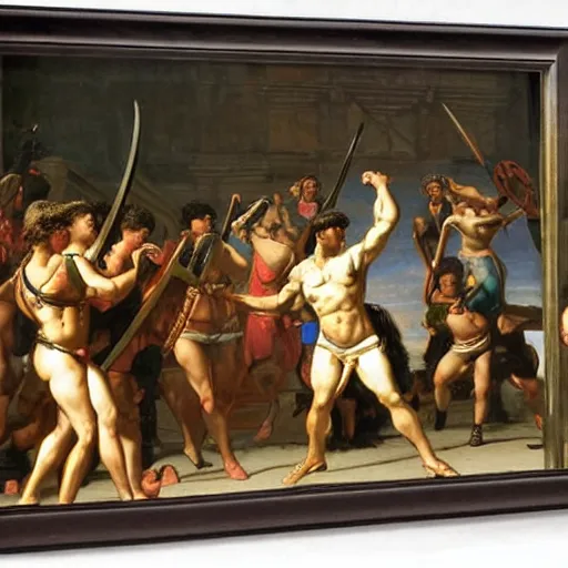 Image similar to muscular warrior women, spartan warrior women, women fighting men, muscular men, roman warrior men, clashing in gladiatorial arena, roman coliseum, roman emperor watching, art by jacques - louis david