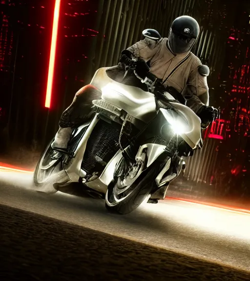 Image similar to mamimi riding a motorcycle in the race to the ancient and majestic tower of babylon destroyed, tron legacy, hyper realistic, ambient lighting, concept art, intricate, hyper detailed, tarkovsky greatest scene, smooth, dynamic volumetric lighting, octane, raytrace, cinematic, high quality, high resolution, 4 k, cgsociety, rutkowski, gurney