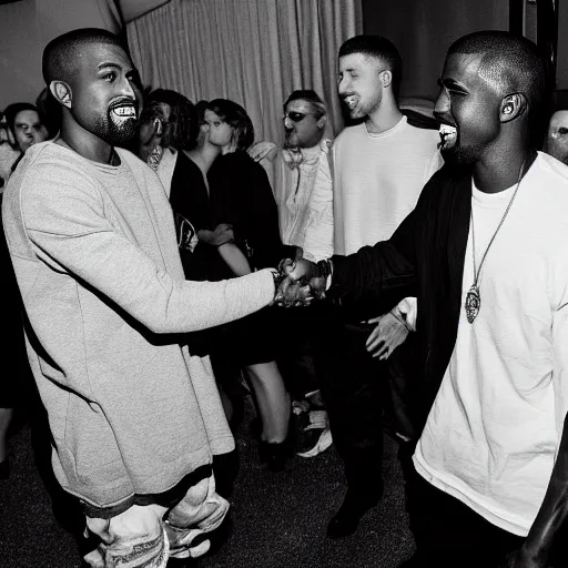 Image similar to a black and white photo of kanye west and pete davidson shaking hands