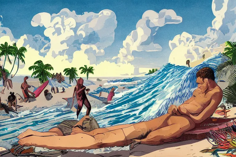 Prompt: graphic novel full page illustrations of dreamy desolate beach scenes on a hot summer evening, tropical color palette, by carel willink and gregory crewdson, big waves, surf, comic book panels