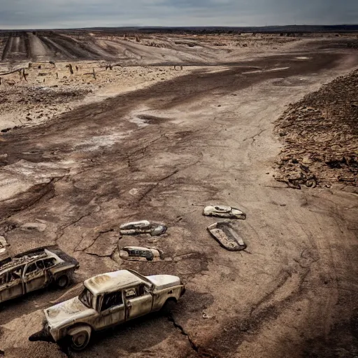 Image similar to city, dried up river, fire, boats in mad max fury road style, riding on the dried up river