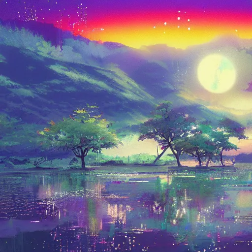 Prompt: disco diffusion painting of a landscape by makoto shinkai, masterpiece, contest award winner