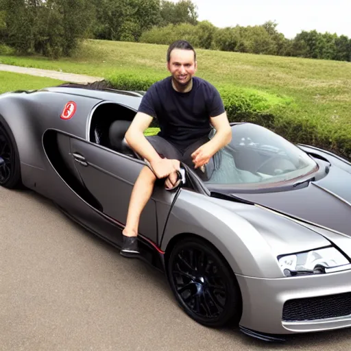 Image similar to andrew tate sitting on a bugatti