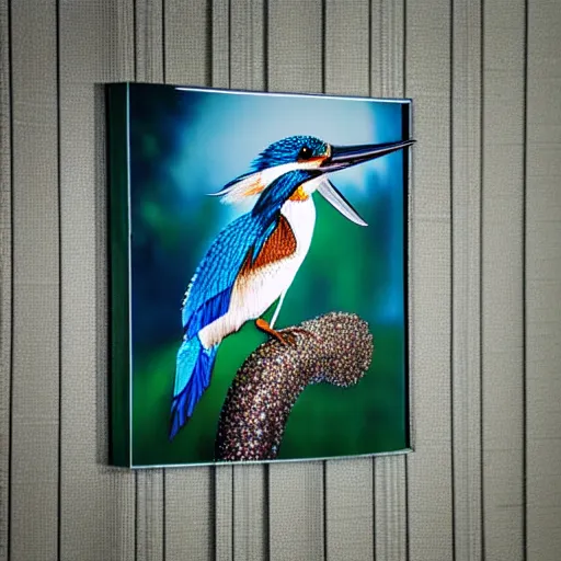 Image similar to wall art of a real life kingfisher made out of reflective crystal and very reflective polished metal, in the background is a forest, product photography