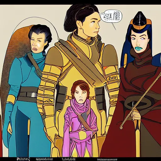 Prompt: family portrait of duke leto atreides, lady jessica and paul atreides, dune, futuristic palace, aristocratic, space opera, in the style of yamato - e, tosa school, tosa mitsuoki, iwasa matabei, awataguchi takamitsu.