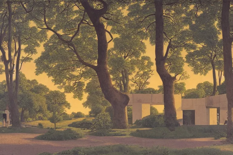 Image similar to painting of a concrete brutalist building, trees, nature, clouds, sunset, chill, romantic, by ludwig deutsch and maxfield parrish, patterned tilework, extremely detailed, cinematic lighting, smooth sharp focus