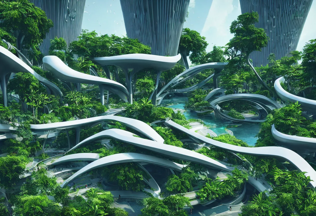 Image similar to futuristic architecture by zaha hadid, multi storey, connecting bridges, covered in lush foliage, surreal, ethereal bohemian garden, middle of gardens, cinematic shot, central square water feature, building inside the water, unreal engine, photorealistic, octane render
